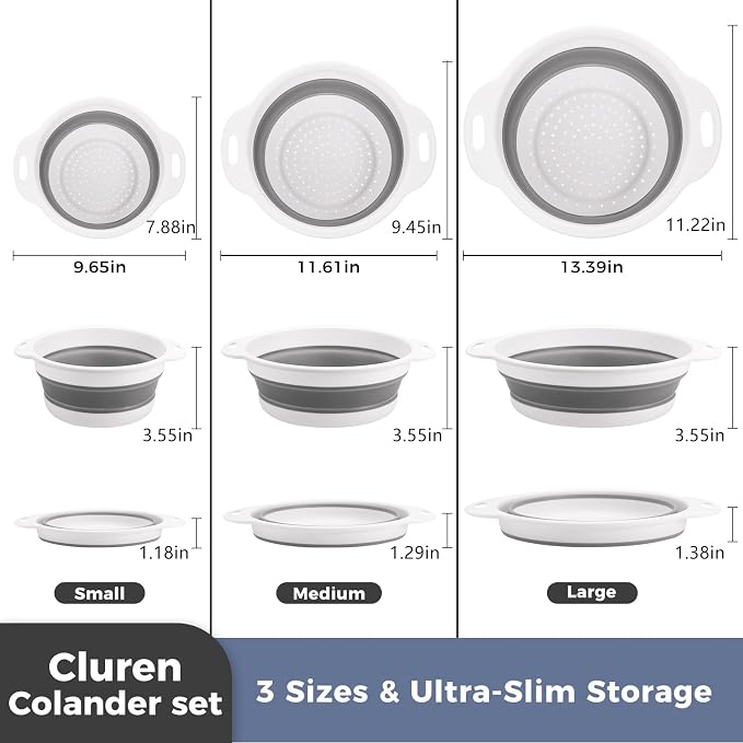 Collapsible Colander Set with Oversized Draining Tray | 3-Pack Foldable Kitchen - Image 3