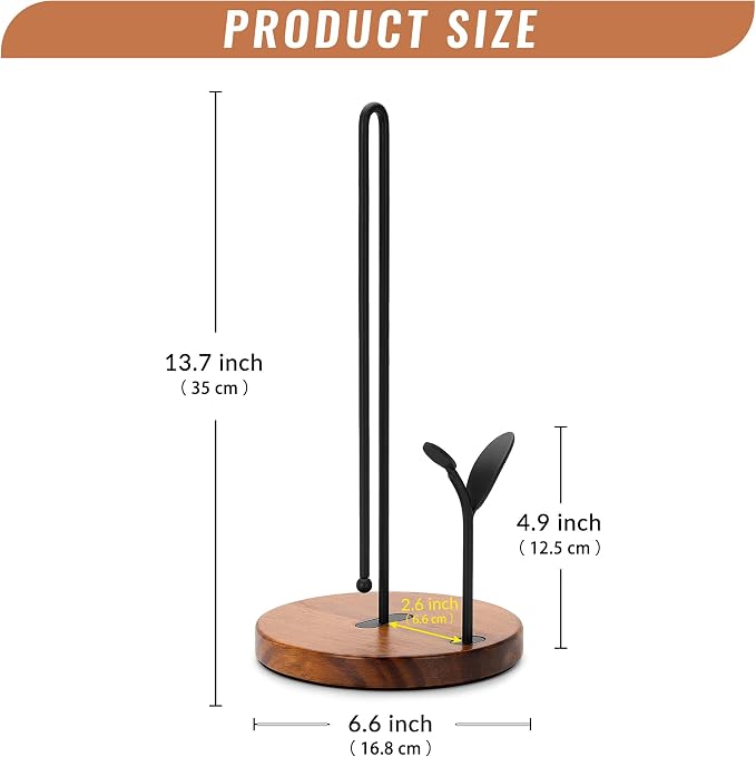 Wood Paper Towel Holder Countertop, Leaf-Shaped Accent Iron Rods - Image 3