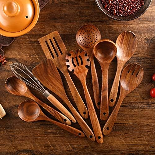 NAYAHOSE 10 Pcs Natural Teak Wood Utensil Set