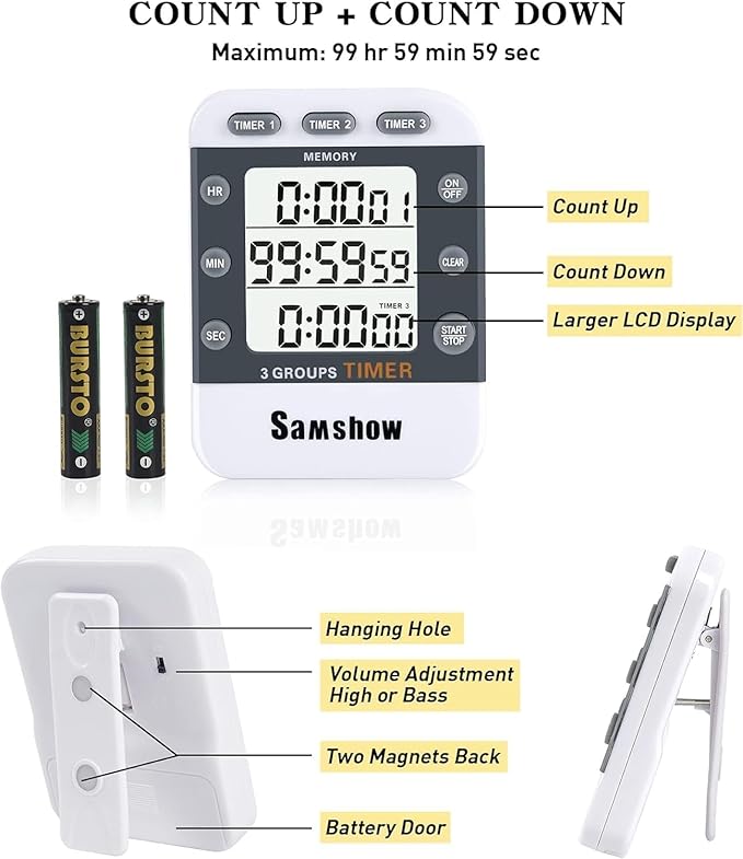 Digital Kitchen Timers for Cooking Triple Timer Count UP/Down Dual Timer Large - Image 6