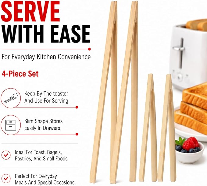 HIC Kitchen Toast Tong Set, Natural Bamboo, 4-Piece Set, Includes 2 Each 6.5 - Image 5