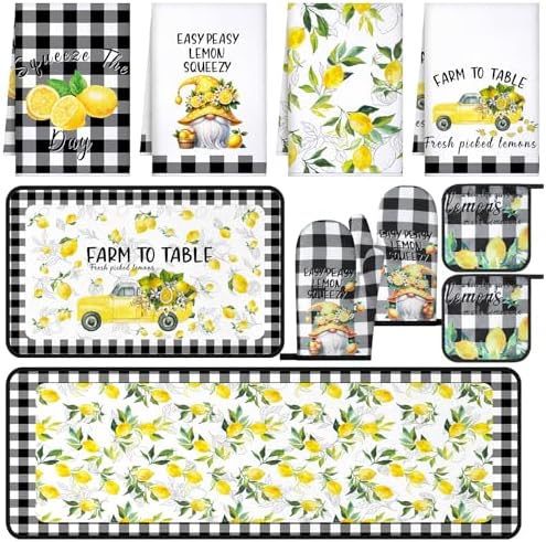 Fourluoo 10 Pcs Lemon Kitchen Decor Set Black Plaid Yellow Lemon