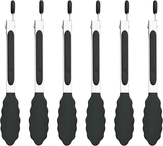 7-Inch Silicone Tongs Pack of 6, Small Stainless Steel Tongs by DAILYKISN