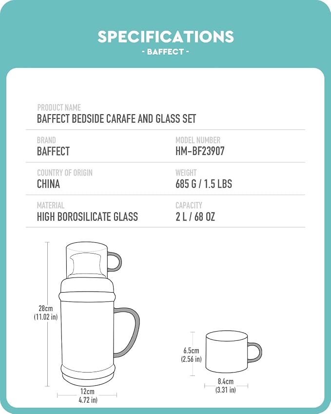 Baffect Bedside Water Carafe And Glass Set, High Borosilicate Glass Pitcher - Image 6