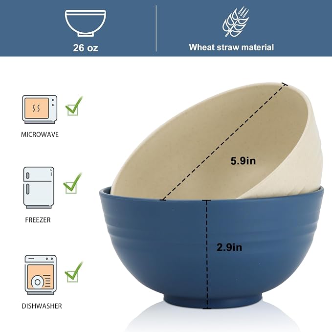 Wrova 26 oz Wheat Straw Bowls, Unbreakable Cereal Bowls Set of 6, Microwave & - Image 2