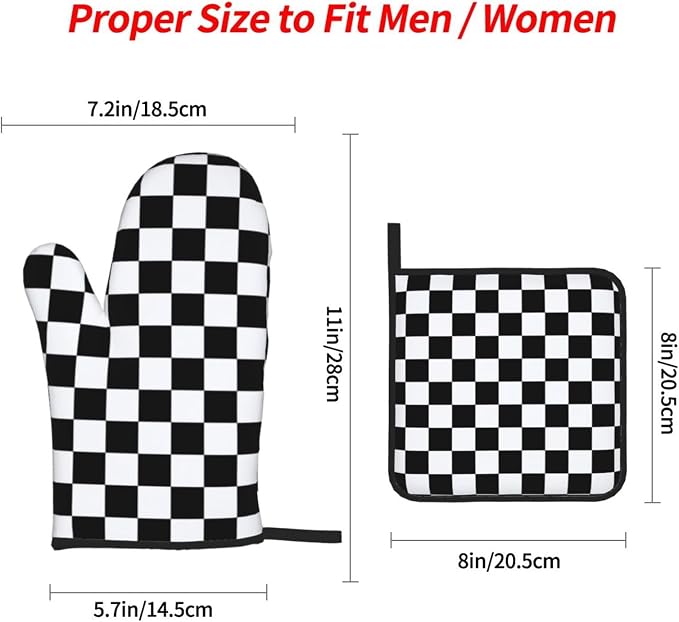 Checkered Black and White Plaid Oven Mitts and Pot Holders Set of 4, Heat - Image 4