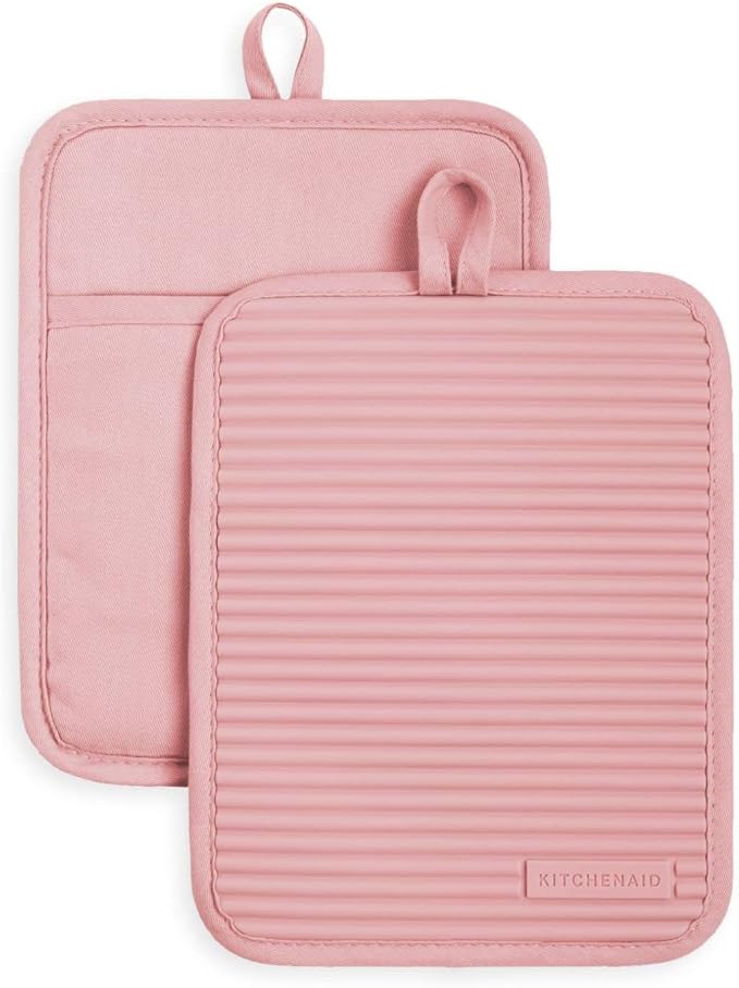 KitchenAid Ribbed Soft Silicone Pot Holder 2-Pack Set, Dried Rose by KitchenAid