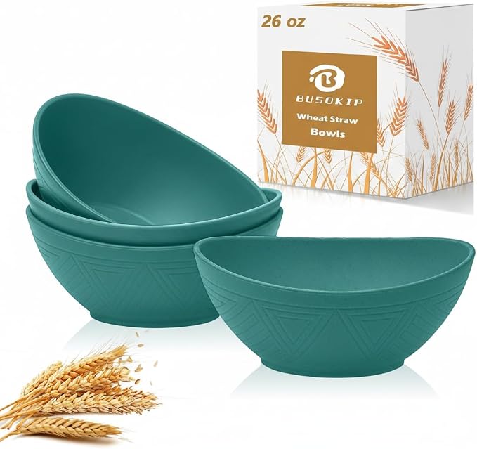 Wheat Straw Cereal Bowls Set of 4, Plastic Bowls Reusable 26 OZ, Unbreakable by BUSOKIP