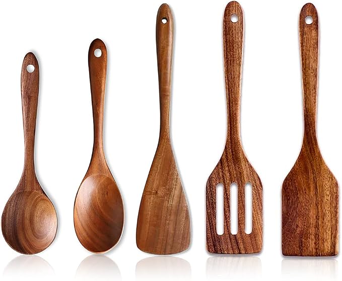 5 Pcs Best Wooden Spoons for Cooking Kitchen Utensils Set Acacia Wood Cooking by Renawe