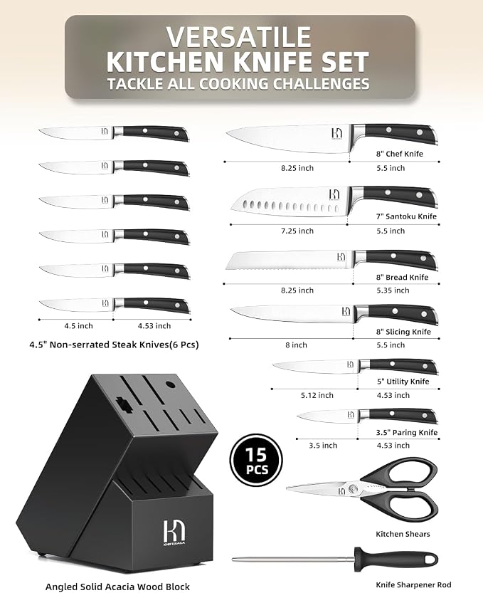 KnifeSaga Knife Set 15 Pcs High Carbon Stainless Steel Kitchen Knife Sets - Image 5