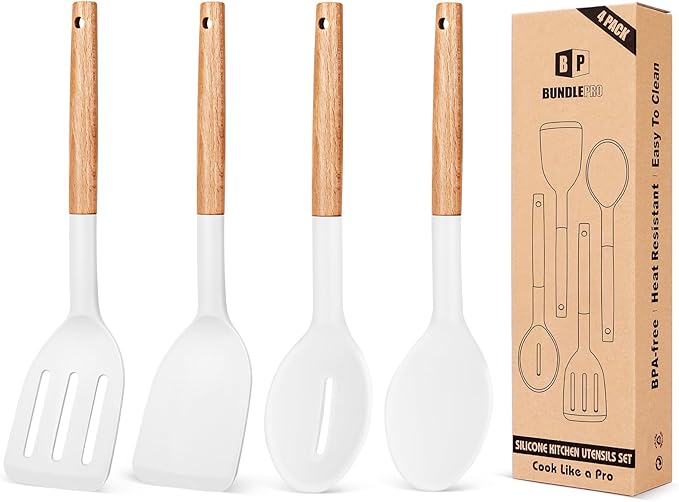Pack of 4 Silicone Cooking Utensils Set, Non Stick Solid Spatulas and Heat by BUNDLEPRO