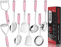18/0 Stainless Steel Cooking Utensils Set, Heavy Duty Pink Handle by MUJINON