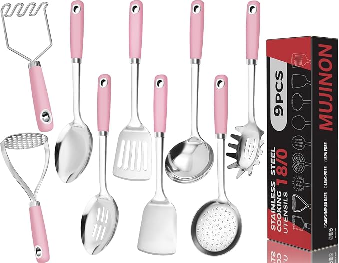 18/0 Stainless Steel Cooking Utensils Set, Heavy Duty Pink Handle by MUJINON