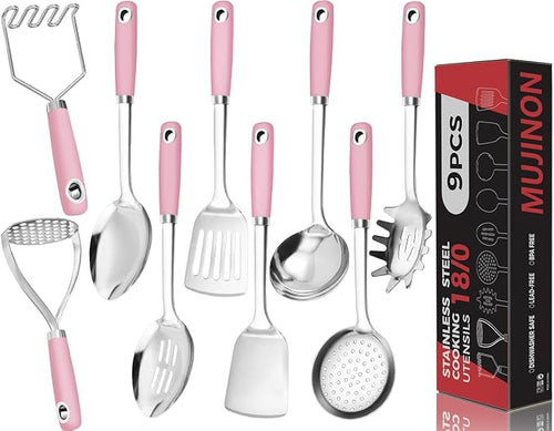 18/0 Stainless Steel Cooking Utensils Set, Heavy Duty Pink Handle by MUJINON