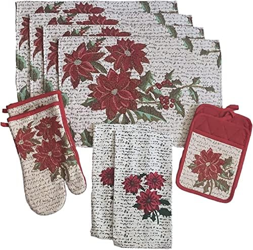 Set of 10, Red Poinsettia Flower Design Christmas Tapestry Kitchen