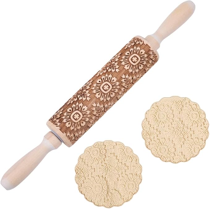 Embossed Wooden Rolling Pin Flower Print 35cm Rolling Pin by DELORIGIN