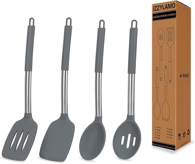 4 Pack Silicone Utensils Set，Non Stick Solid Spatulas, Slotted Spoons by IZZYLAMO