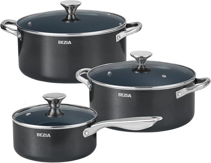 Induction Cookware Set 6-Piece, Stackable Kitchen Cooking Pots Set, 6qt 4.8qt & by BEZIA