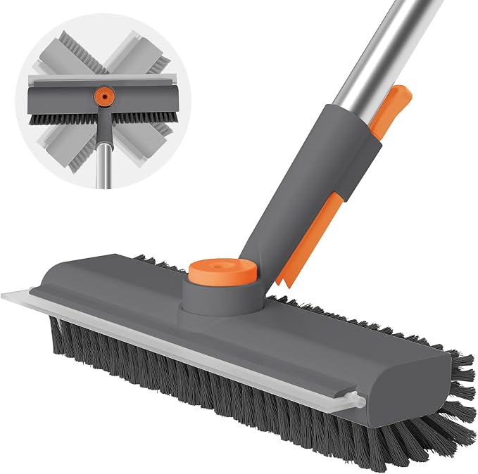 Floor Scrub Brush with Long Handle, 3 in 1 Scrape and Heavy-Duty Stiff Bristle by AIRU