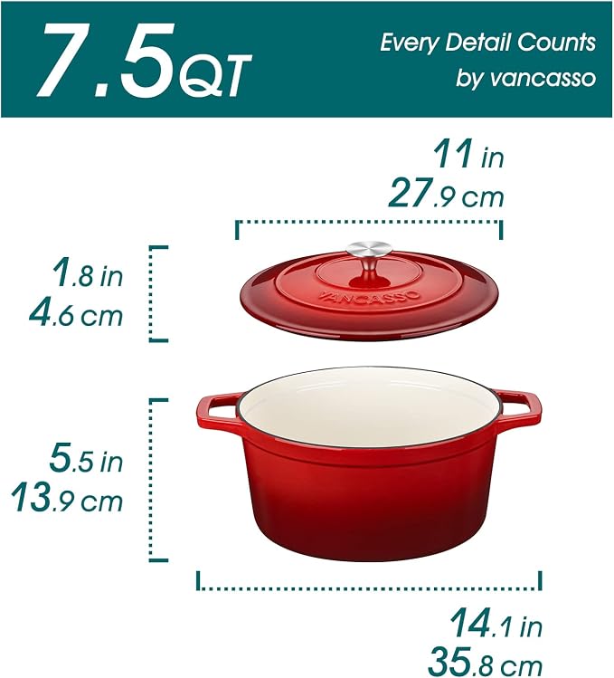 vancasso Enameled Cast Iron Dutch Oven, 7.5 QT Dutch Oven Pot - Image 2