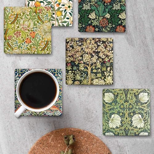 HUXJOKO Coasters for Drinks Set of 6,William Morris Floral Pattern