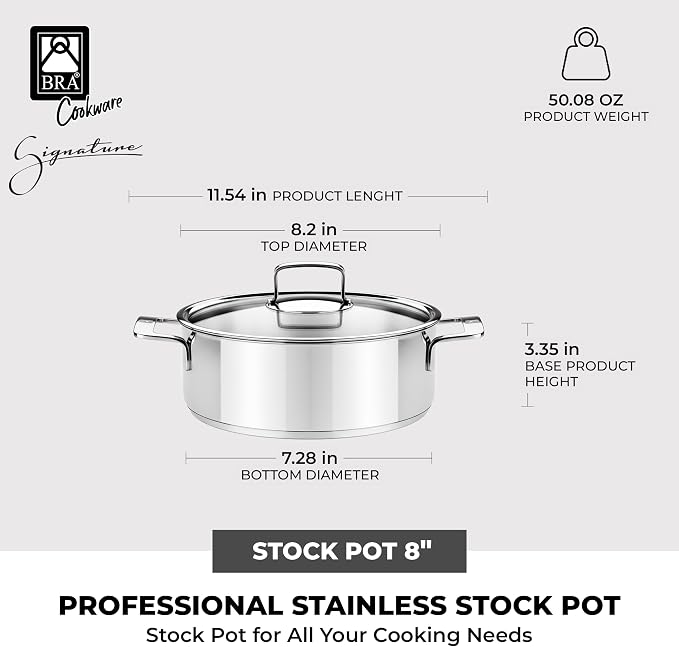 BRA COOKWARE Signature Stainless Steel Stock Pot w/Glass Lid | 8 Inch 2.4 Quart - Image 2
