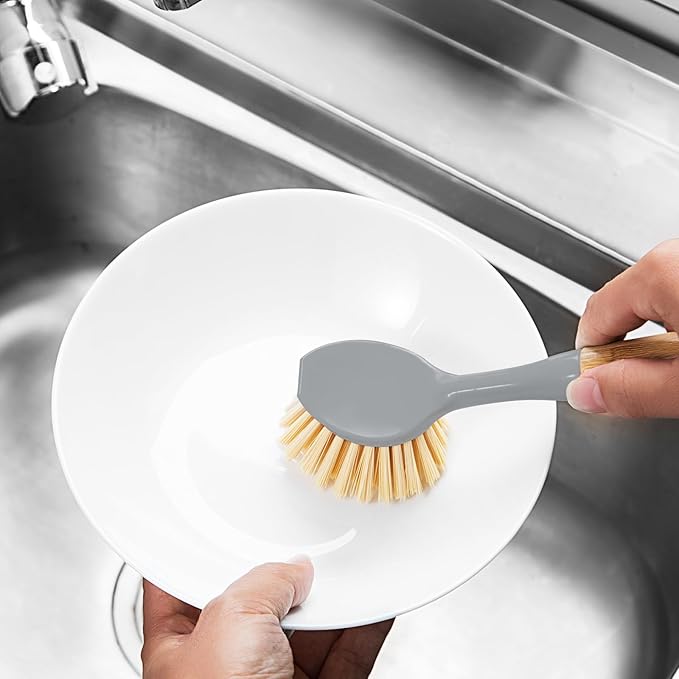 2 Pack Dish Brushes with Bamboo Handle, Kitchen Dish Scrubber Built-in Scraper - Image 2