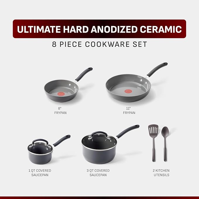 T-Fal Ultimate Hard Anodized Ceramic Nonstick 8 Piece Cookware Set, Oven Safe - Image 2