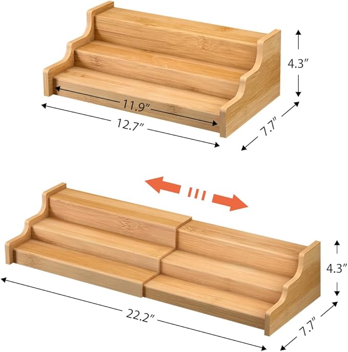 Spice Rack Kitchen Cabinet Organizer- 3 Tier Bamboo Expandable Display Shelf - Image 6