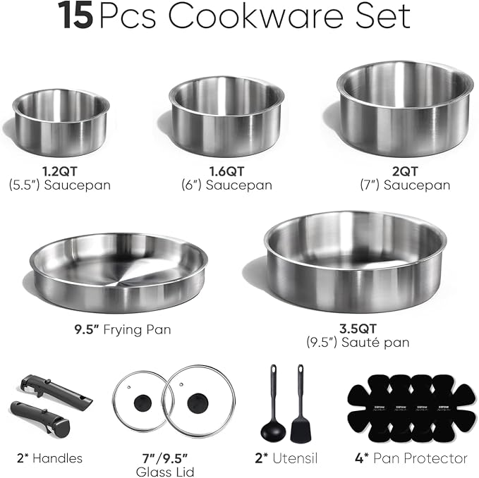 CAROTE Pots and Pans Set, Stainless Steel Cookware Set Detachable Handle - Image 2