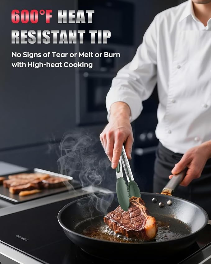 600ºF Heat Resistant Kitchen Tongs, Premium Locking Cooking Tongs - Image 2