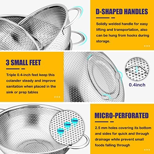 E-far Stainless Steel Colander Set of 3 (1-3-5Quart), Micro-Perforated