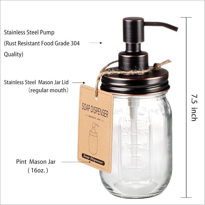 Amolliar Mason Jar Liquid Soap Dispenser, 16 OZ Lotion Glass Dispenser - Image 5
