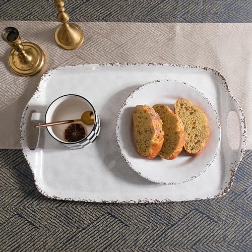 Farmhouse White Melamine Serving Tray with Handles, Set of 2