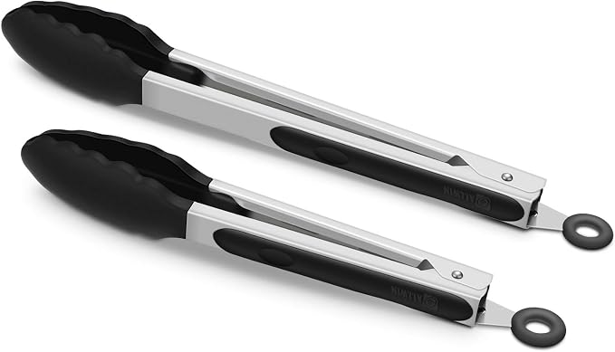 2 Pack Black Kitchen Tongs, Premium Silicone BPA Free Non-Stick Stainless Steel by ALLWIN-HOUSEWARE