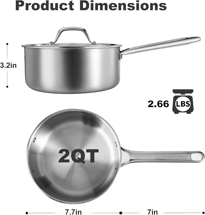 2 QT Saucepan with Lid, 3-Ply Stainless Steel Saucepan, Induction Compatible - Image 5