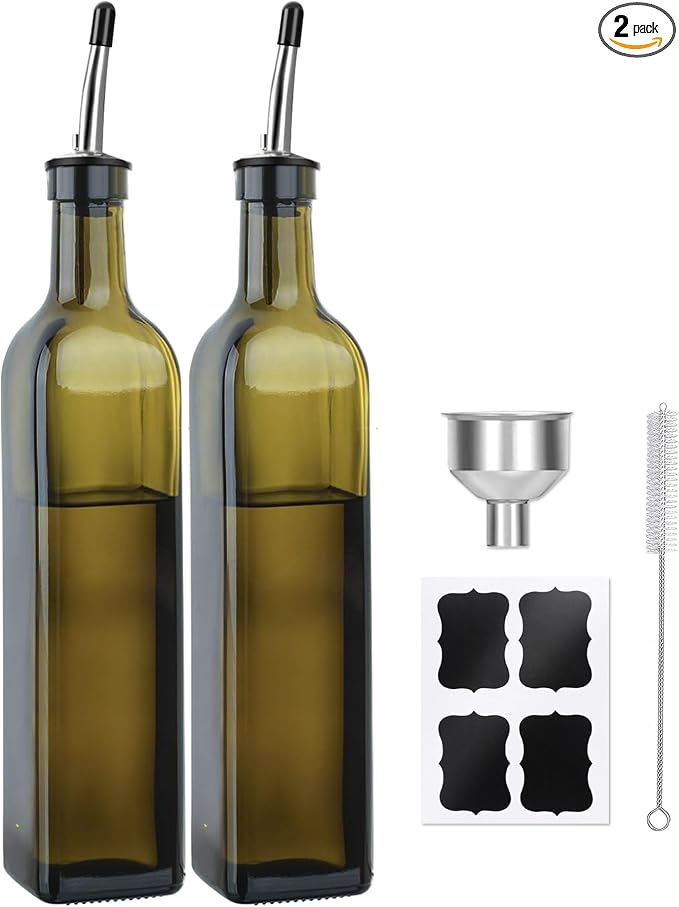 2-Pack Olive Oil Dispenser Bottle Set - 17oz/500ml Dark Green Glass Oil and by Unknown