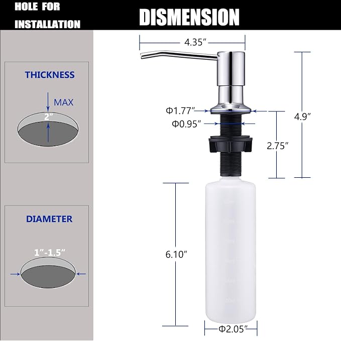Soap Dispenser for Kitchen Sink Chrome, Sink Soap Dispenser Stainless Steel - Image 6