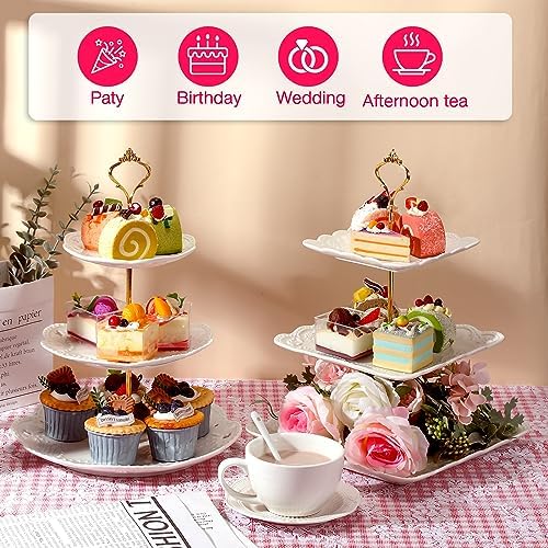 Ctosree 2 Pcs 3 Tier Porcelain Cupcake Stand Round and Square White
