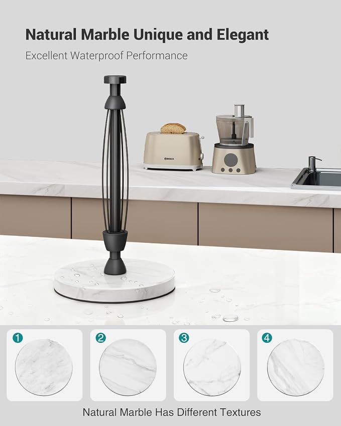Paper Towel Holder Countertop, Marble Weighted Base, Glossy Black, One-Handed - Image 5
