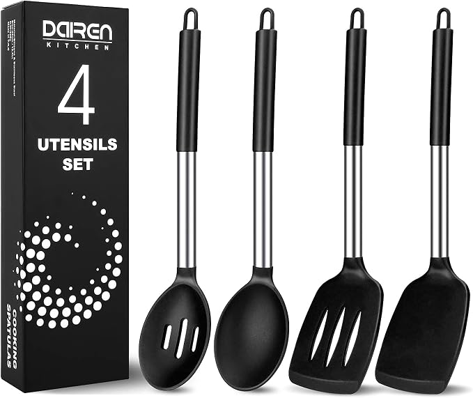 Pack of 4 Large Silicone Cooking Spatulas and Spoons, Slotted and Solid by DaiRenKitchen