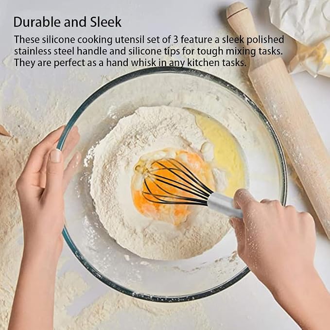 Silicone Whisk set of 3, 8+10+12in Kitchen Balloon Wire Whisks, Hand Egg Mixer - Image 4