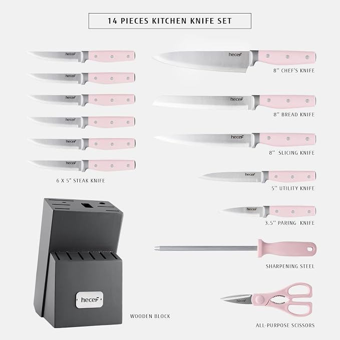 hecef Kitchen Knife Block Set, 14 Pieces Knife Set - Image 2