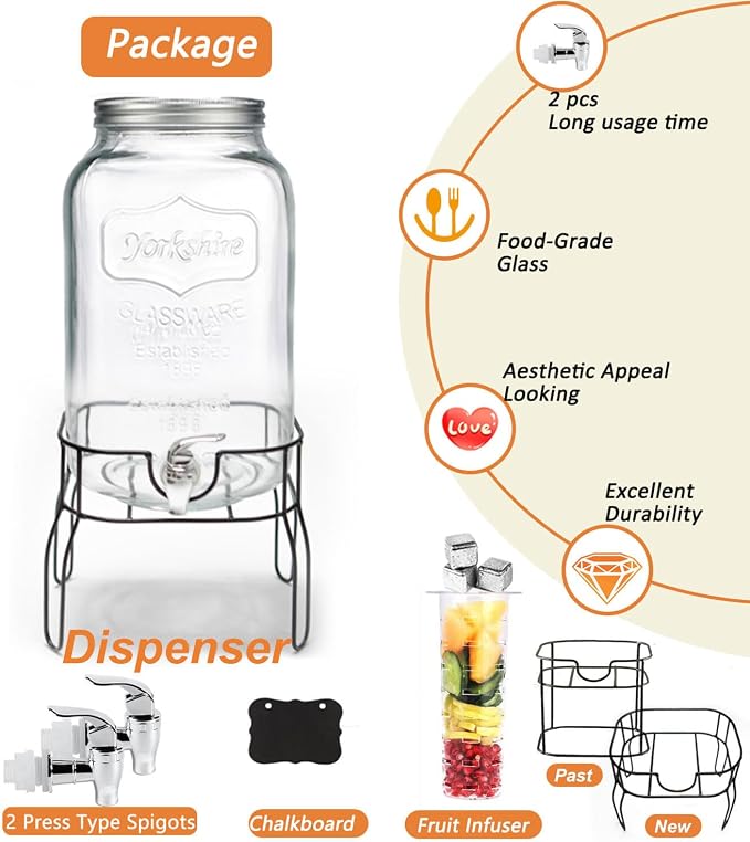 2 Gallon Drink Dispenser with 2 Press Type Spigot, Sun Tea Glass Mason Jar - Image 3