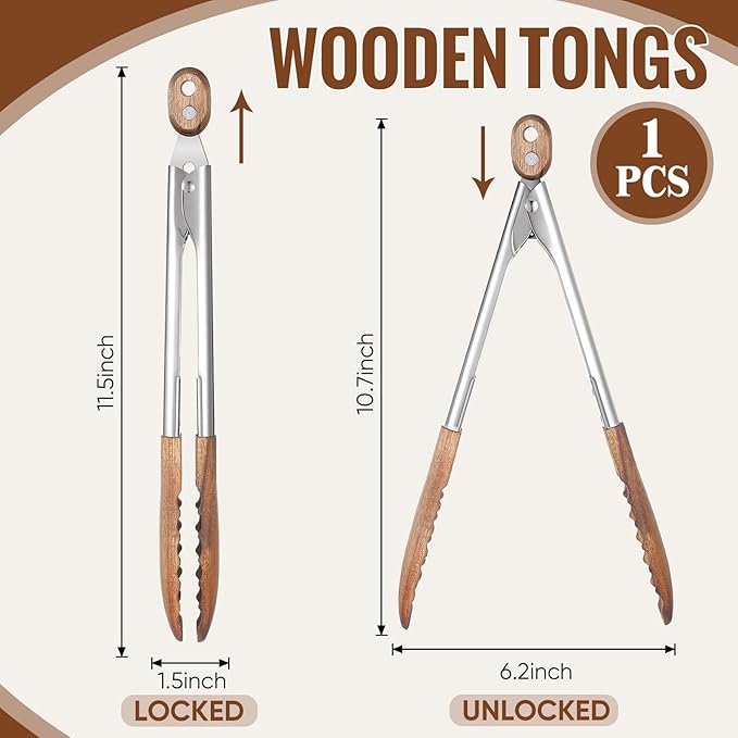 Baderke 1 Pcs Kitchen Tongs for Cooking Wooden Utensil Set Salad Tongs - Image 3