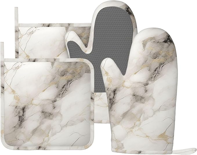 Oven Mitts and Pot Holders Set, Marble Pattern Gray White Silicone Kitchen by DADABULIU