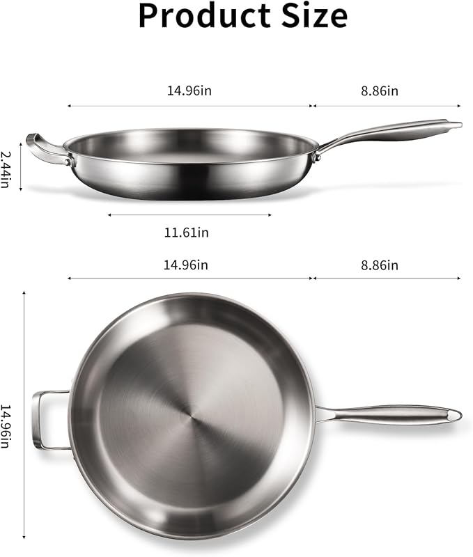 DELARLO Tri-Ply Stainless Steel Pan, 18/10 Frying Pan, Oven Safe Up to 600°F - Image 3
