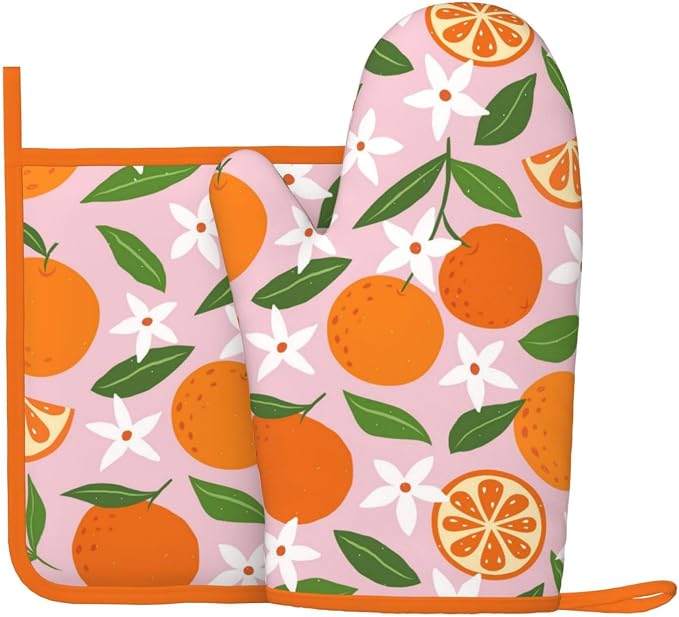 Tropical Fruit Oranges Silicone Oven Mitts Pan Mats Set of 2, Heat Resistant by Cayiibe