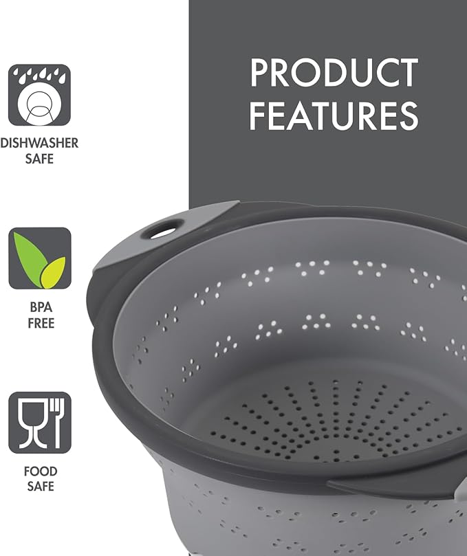 Dexas 10" Collapsible Silicone Colander in Cool Grey, Kitchen Strainer - Image 4