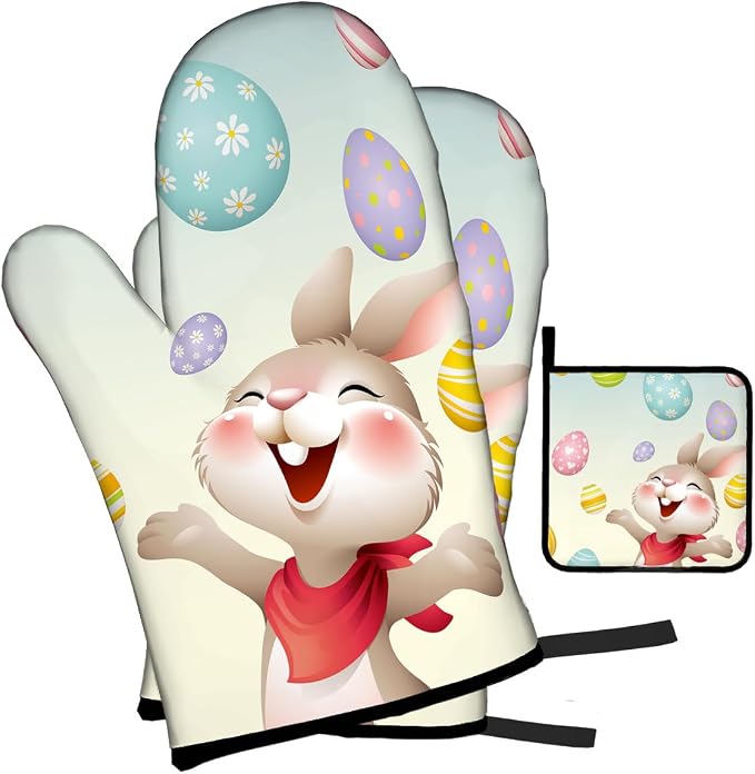 LOKMU Oven Mitts and Pot Holders Set of 3, Smiley Bunny - Image 2